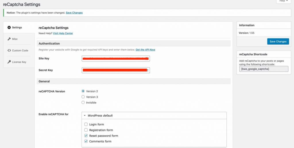 reCaptcha plugin settings 2